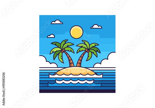 Tropical Island Paradise with Palm Trees and Ocean Waves.