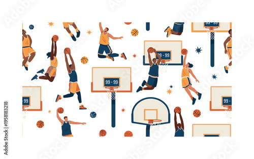 Basketball game slam action seamless pattern, athletes jumping toward the rim for explosive dunks with hoops scoreboards and basketball icons arranged in a