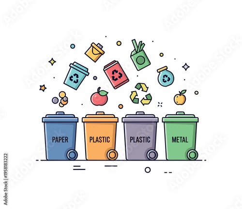Eco friendly waste sorting multiple small bins labeled paper plastic and metal while recyclable items hover above ready for sorting. Clear visual story of