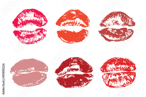 Set of lipstick kiss print Different shapes and colors imprint of lips Red pink female sexy lips makeup Design elements for beauty fashion poster Valentines Day wedding