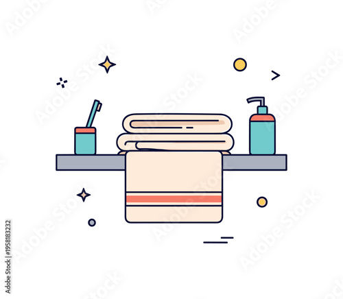 Well used towel folded slightly worn towel placed neatly on a small bathroom counter while soft folds show repeated use. The composition reflects simple