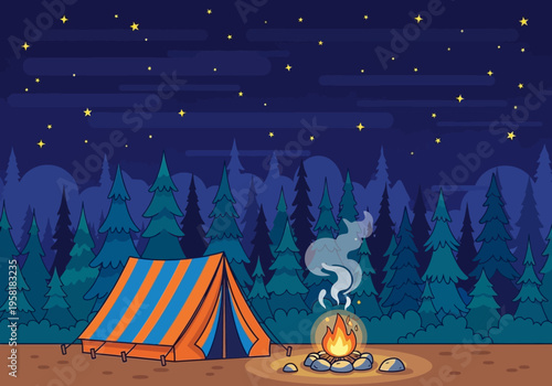 Cozy Campsite with Tent and Bonfire at Night.