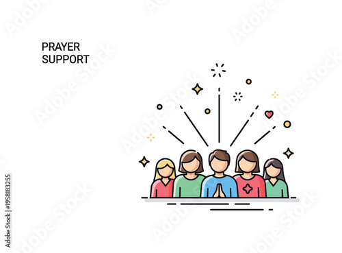 Prayer support community small group gathered together while light rays rise from the center symbolizing collective prayer for someone in need. Spark icons
