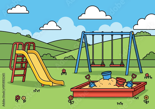 Childrens playground with slide swings and sandbox.