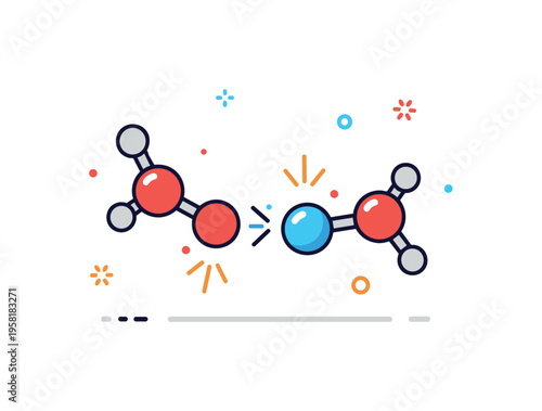 Chemical reaction process two molecules approaching each other while small spark icons appear where bonds form between atoms. The scene visually represents