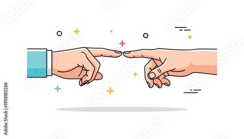 Human touch concept with fingertips of two reaching hands almost connecting in the center. The scene symbolizes trust, care and the powerful meaning of simple