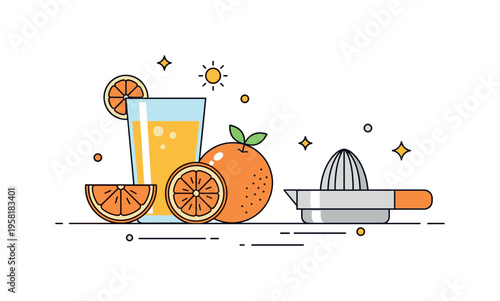 Freshly squeezed juice on a hot day with a tall glass of bright citrus juice sitting beside sliced oranges and a simple hand juicer. Small sun and sparkle