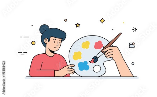 Painter creative process focused on a paint palette with a few rounded color spots and a brush gently touching the surface. Calm studio inspired visual moment