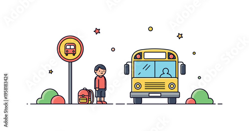 Waiting for the school bus with a child standing beside a small backpack near a simple bus stop sign. The quiet scene reflects anticipation and the start of a