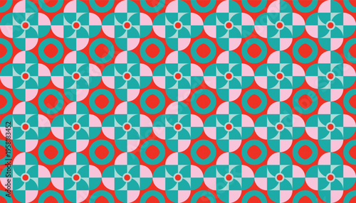Seamless geometric floral pattern with abstract circular shapes in vibrant red and teal color palette