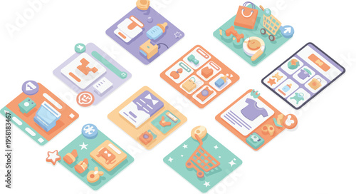 Mobile App UI Kit Vector Set with Dashboard Shopping Cart Analytics and User Interface Screens for Digital Application Design.