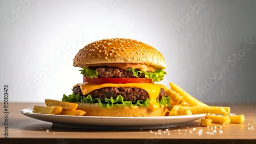 A juicy burger with sesame bun, cheese, tomato, lettuce & fries on a white plate. Close up