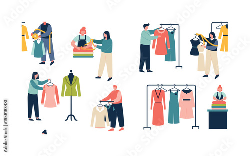 stylists at work seamless pattern, repeating pattern, surface design, textile print, modern illustration of stylists measuring, folding, and coordinating