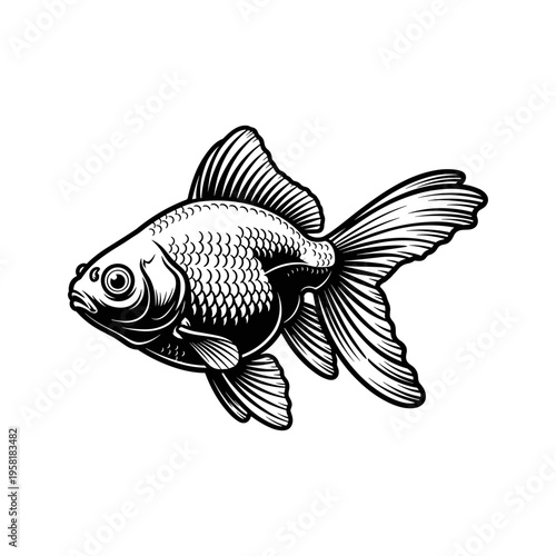 A black and white drawing of a goldfish