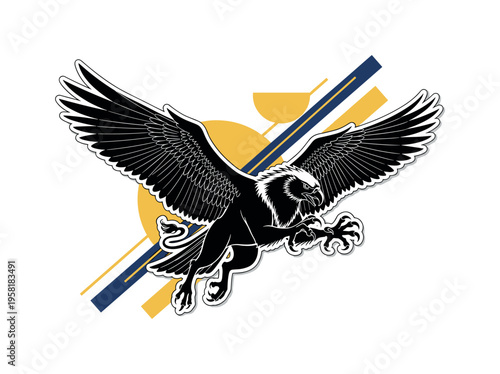 black and white griffin mid-flight with wings extended and claws forward, white outline cut-out effect around the creature, abstract semicircles and diagonal