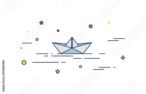 Paper boat journey visualized by a small origami boat drifting across simple water lines with gentle motion marks. Calm playful scene reflecting curiosity and