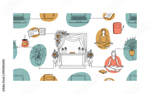 mindfulness and work balance seamless pattern, entrepreneurs practicing meditation, laptops, coffee, notebooks, plants and calming icons arranged in