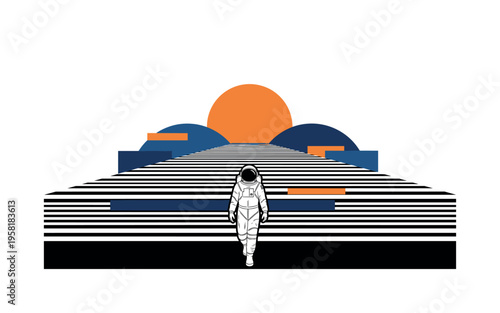 black and white astronaut walking toward a geometric horizon with rising sun circle, realistic cut-out figure with white outline, layered semicircles and