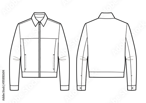 Mens zip up jacket technical flat fashion sketch vector template illustration front and back view collared lightweight casual outerwear apparel CAD drawing design mockup concept
