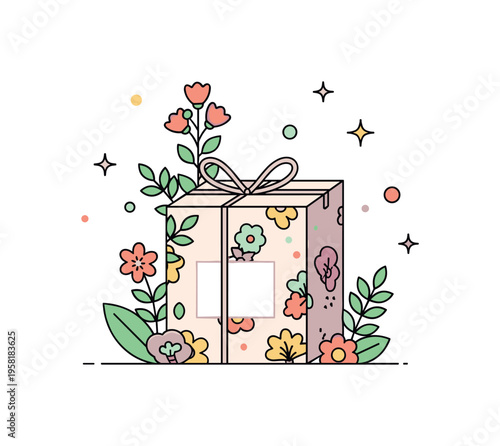 Botanical packaging concept product box wrapped in floral patterns and soft plant illustrations suggesting natural ingredients and eco conscious branding.