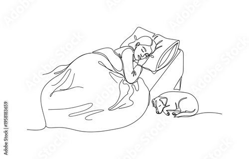 Sleeping With Pet. Minimalistic one-line drawing person lying peacefully in bed with pet nearby enhancing comfort and mental well-being, continuous single
