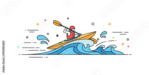 Whitewater kayaking small kayak navigating stylized river waves while curved water lines and splash icons express speed and excitement. The scene captures the