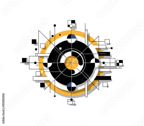 conceptual graphic composition with a giant black and white circle intersected by thin geometric lines and smaller semicircles, white cut-out outline around