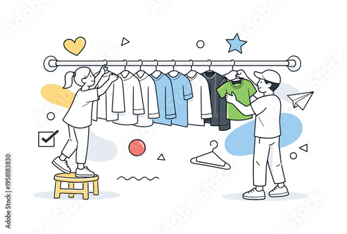 Closet rod organization. Clothes hanging neatly on a closet rod, shirts and jackets evenly spaced, calm visual rhythm. Order, simplicity, and everyday clarity.