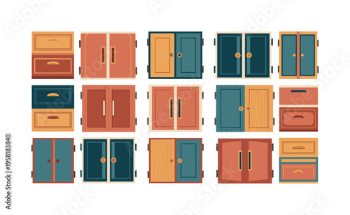 kitchen storage doors seamless pattern, cabinet doors with knobs, hinges, handles and subtle wood textures arranged in a repeating pattern, white background