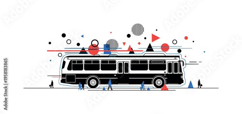 city bus passing with small pedestrians abstract circles lines and geometric shapes representing metropolitan movement black and white retro bus object with