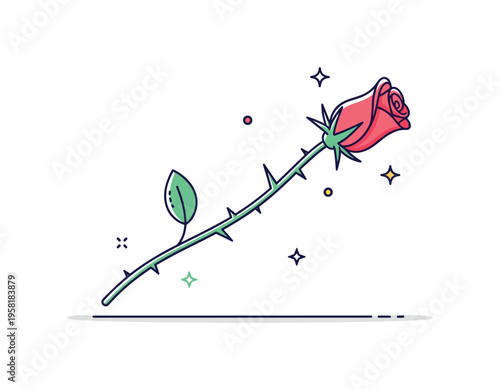 Thorn symbol of protection shown as a single sharp rose thorn curving along a delicate stem with a small leaf and subtle sparkle accents. Elegant visual