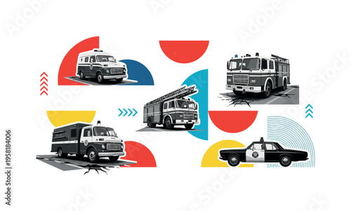 emergency vehicles on damaged street, geometric semicircles arrows and abstract shapes symbolizing response and urgency, black and white retro realistic