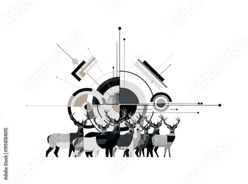 herd of deer, geometric circles lines and layered blocks symbolizing community and harmony, black and white retro realistic deer figures with cut-out collage