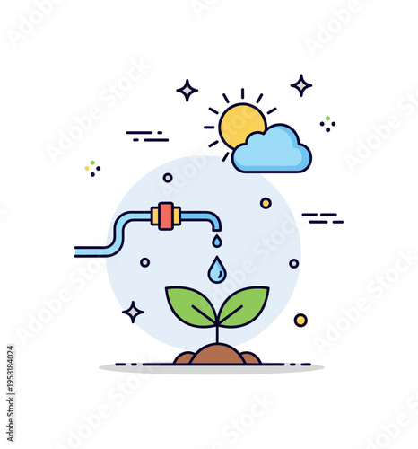 Drought resilient agriculture depicted by a small plant receiving water from a drip irrigation tube with a sun and cloud icon above. Environmental scene