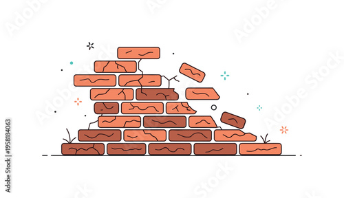 Fading brick wall weathered brick surface slowly losing color and texture while a few loose bricks and subtle cracks suggest the passage of time. Quiet visual