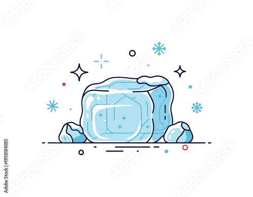 Ice and cold winter atmosphere with a large crystalline ice block surrounded by tiny snowflakes and a soft frosty sparkle suggesting freezing temperatures. The