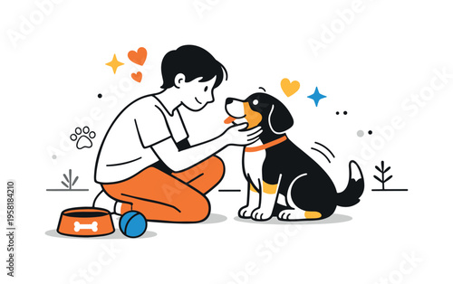 Vibrant dog adoption. A person meeting a dog for the first time, emotional connection and hopeful beginning. Warm vibrant accents, hearts or stars subtly