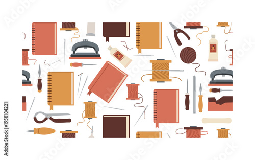 stitching and binding seamless pattern, hardcover and softcover books, threads, needles, glue, presses and binding tools arranged in a repeating pattern, white