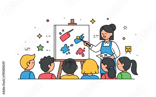 Creative art class moment featuring a teacher demonstrating different paint strokes on a canvas while students watch attentively. Small paint splashes and star