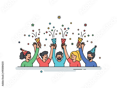 Friends cheering together with party poppers while confetti bursts around a central celebratory moment. The scene symbolizes joyful gatherings and shared
