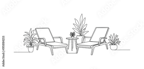 Terrace Relaxation Zone. Minimalistic one-line drawing lounge chairs and small table arranged on terrace with plants, continuous single black line on white