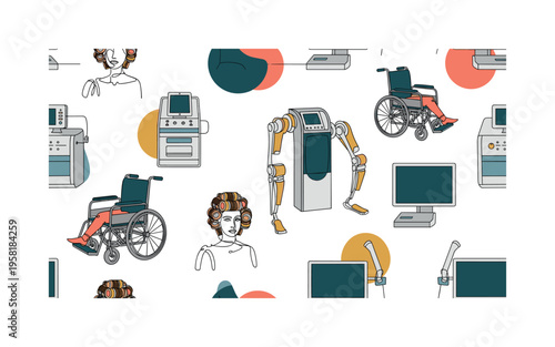 physical recovery tech seamless pattern, rehabilitation devices, prosthetic limbs, exoskeletons, wheelchairs, therapy machines, tablets and medical monitors