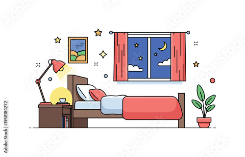 Quiet evening bedroom scene with a neatly arranged bed, warm bedside light, and a calm window view with moon and stars. The illustration expresses tranquility