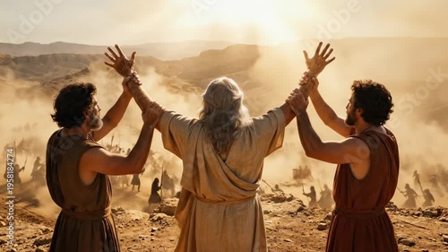 Biblical concept of Aaron and Hur holding up the arms of Moses during the battle against the Amale.kites, Exodus story. Teamwork, support and faith concept, cinematic