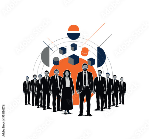 black and white group of professionals standing in formation with one figure slightly ahead, cut-out photo style with white outline effect, bold orange circle