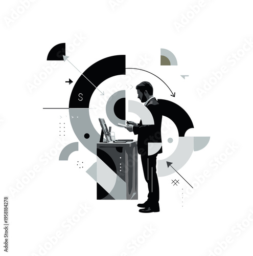 attendee interacting at booth, geometric semicircles arrows and abstract shapes illustrating networking and promotion, black and white retro realistic figure