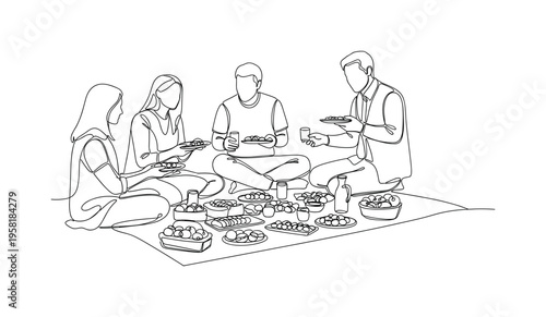 Outdoor Feast Picnic. Minimalistic one-line drawing people sharing a feast-style picnic with plates and food spread on a blanket, continuous single black line