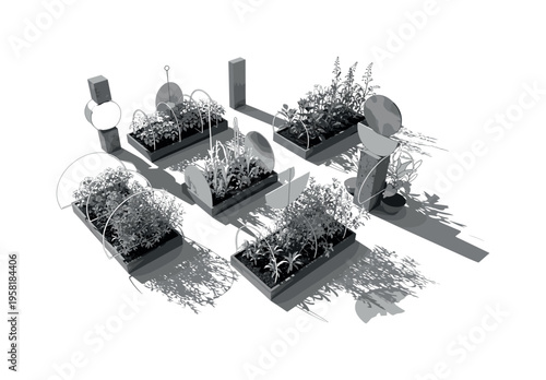 vegetable garden with raised beds, geometric circles semicircles and abstract blocks symbolizing organization and growth, black and white retro realistic