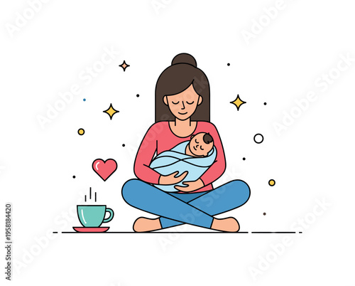 Postpartum care and quiet rest featuring a mother sitting comfortably while holding her sleeping newborn in a soft blanket. A small tea cup and heart accent