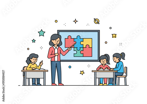 Interactive classroom puzzle activity featuring a teacher pointing at a board with puzzle pieces while students collaborate nearby. The scene reflects active